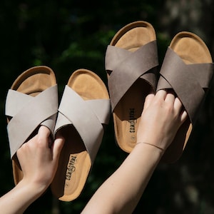 Cork Sandals, Women Slide, Summer Sandals, Handmade, Cushioned footbed, Sandgrens, Walnut Brown Nubuck Leather, Soria