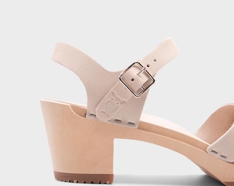 Wooden Sandals, Women Slide, High Heel Mules, Leather Clogs, Handmade, Sand Beige Nubuck Leather, Rio Grande High