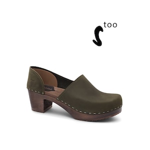 50% OFF Sandgrens TOO / Swedish Wooden Clogs for Women / Sandgrens Clogs / Brett Closed Back / Women High Heel Shoes / Leather Clogs / Olive