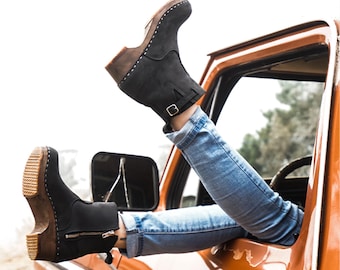 Womens Booties, Wooden Boots, Platform Shoes, Women Mule Clogs, Handmade, Sandgrens, Black Nubuck Leather, Manhattan Low