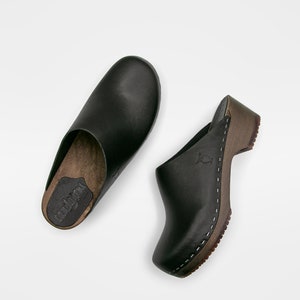 Black Vegetable Tanned Clog Mules Brown Wooden Base