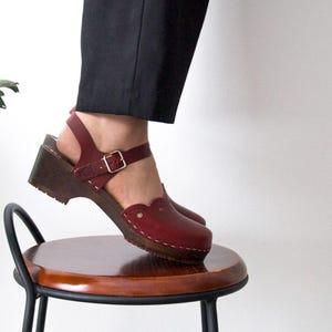 Wooden Sandals, Women Slide, Closed Toe Heel, Leather Clogs, Handmade, Cognac Red Vegetable Tanned Leather, Milan