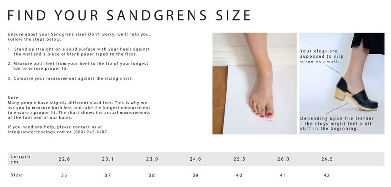 Puede incluir: Una tabla de tallas para zuecos, que muestra la longitud del pie en cent&iacute;metros y la talla de zapato correspondiente. La tabla tambi&eacute;n incluye instrucciones sobre c&oacute;mo medir tu pie para un mejor ajuste.