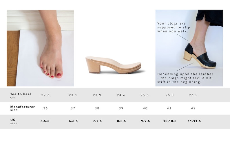 Puede incluir: Tabla de tallas para zuecos en tallas US, fabricante y cent&iacute;metros. La tabla muestra las tallas correspondientes para cada medida. Tambi&eacute;n se incluye el texto "Tus zuecos est&aacute;n dise&ntilde;ados para deslizarse cuando caminas. Dependiendo del cuero, los zuecos pueden sentirse un poco r&iacute;gidos al principio."