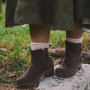 Womens Booties, Wooden Boots, Platform Shoes, Women Mule Clogs, Handmade, Sandgrens, Fudge Brown Nubuck Leather, Manhattan Low