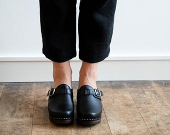 Clog Mules, Women Clogs, Wooden Clogs, High Heel Mules, Handmade, Sandgrens, Black Nubuck Leather, nashville