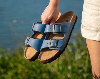 Cork Sandals, Women Slide, Summer Sandals, Handmade, Original footbed, Sandgrens, Royal Blue Nubuck Leather, Costa