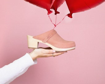 Blush Pink Clog Mules for Women / High Heel Classic Mules / Sandgrens / Nubuck Leather / Swedish / Dublin