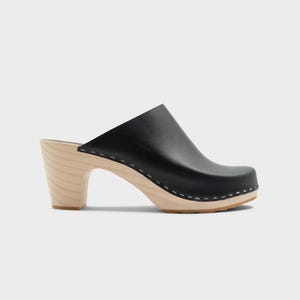 Womens Clogs, Clog Mules, Wooden Clogs, High Heel Mules, Handmade, Sandgrens, Black Vegetable Tanned Leather, Rhodes