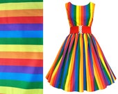 Rainbow Dress - LGBTQ Pride Flag - Handmade To Order, Any Size - with POCKETS - Gilbert Baker Bright Stripe 100% Cotton. Belt Not Included.