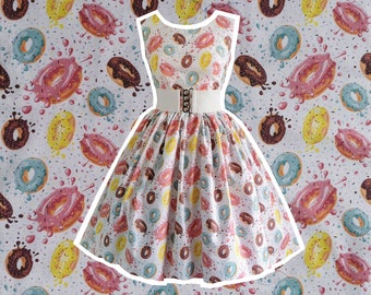 Donuts Dress - Delicious Doughnuts Retro - MEASUREMENTS REQUIRED Custom Handmade To Measure - Donut Frock Doughnut Cakes