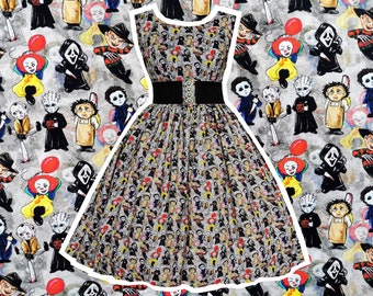 Cute Horror Movie Characters Dress LAST ONE - Handmade To Order Measurements Required. With Pockets- Cult Film Halloween Frock