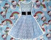 Kitty Fabric Dress - Hand made To Order Any Size- Hello Kitty and Rainbow Dress Sweet Dress Cute Kawaii Kitten Cat Rainbow