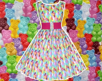 Gummy Bears Dress With POCKETS! - Hand made To Order Any Size- Candy Dress Sweet Dress Retro Cute Kawaii Gummy Bear