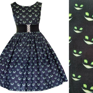 Cheshire Cat Dress with POCKETS Alice In Wonderland Cheshire Cat Smile- Grin - Hand made To Order - Disney Bound Cartoon Retro Dress