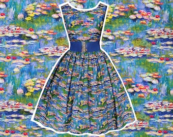 Monet Water Lilies Dress - Hand made To Order Any Size- with POCKETS - Claude Monet Dress Classic Art Painting Frock Floral Flowers Lily