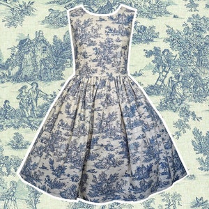 Toile de Jouy Dress - Hand made To Order Any Size- with POCKETS - Classic French Romantic Pastoral Scene Fabric Blue and Cream