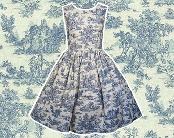 Toile de Jouy Dress - Hand made To Order Any Size- with POCKETS - Classic French Romantic Pastoral Scene Fabric Blue and Cream