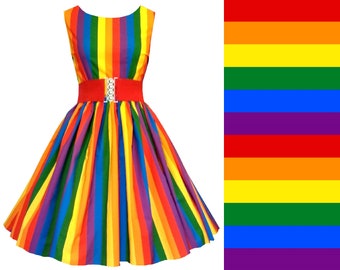 Rainbow Dress - LGBTQ Pride Flag - Handmade To Order, Any Size - with POCKETS - Gilbert Baker Bright Stripe 100% Cotton. Belt Not Included.