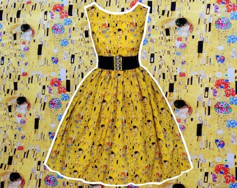 Klimt The Kiss Dress - Hand made To Order Any Size- with POCKETS - Gustav Klimt Dress Classic Art Yellow Frock