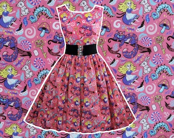 Alice In Wonderland Dress - Hand made To Order Any Size WITH POCKETS - Cheshire Cat White Rabbit