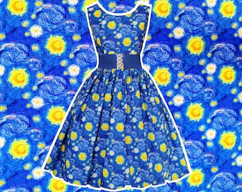 Van Gogh Starry Night Dress - Hand made To Order Any Size- with POCKETS - Vincent Van Gogh Dress Classic Art Painting Frock Stars Night Sky