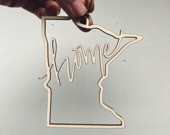 Minnesota Home Laser Engraved Wood Ornament with Leather Tie Hanger FREE SHIPPING
