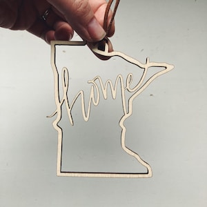 Minnesota Home Laser Engraved Wood Ornament with Leather Tie Hanger FREE SHIPPING