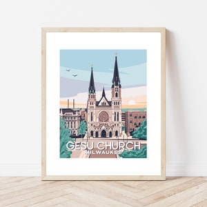 May include: A vintage-style illustration of Gesu Church in Milwaukee, Wisconsin. The church is depicted in a light brown color with a tall, pointed steeple and a large, round window. The illustration is set against a blue sky with a few white clouds.