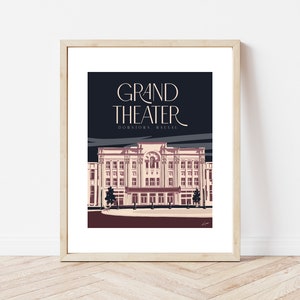 May include: A framed print of a vintage-style illustration of the Grand Theater in downtown,  Hausal. The building is depicted in a pink and white color scheme against a dark blue background.