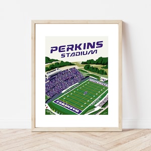 May include: A vintage-style illustration of Perkins Stadium, home of the University of Wisconsin-Whitewater Warhawks football team. The stadium is shown from an aerial view, with the green field and purple bleachers filled with fans. The text "PERKINS STADIUM" is displayed at the top of the image.