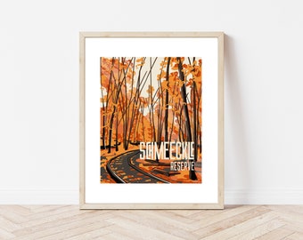 May include: A framed print of a fall scene with a winding road through a forest of orange and brown trees. The text "Schimeeckle Reserve" is printed at the bottom of the image.