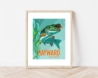 FLY FISHING Hayward Wisconsin Musky Capital of the World Vintage Musky FLY Fishing Lure Nature Art Print