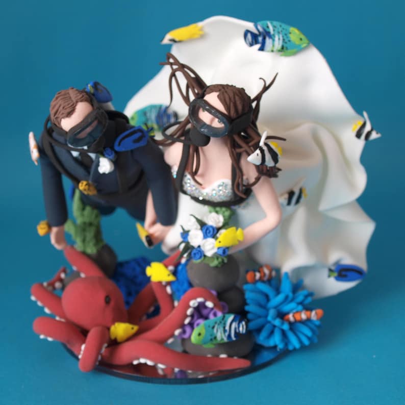 Personalised Scuba Diving Couple with Octopus or Ray Wedding Cake Topper image 2