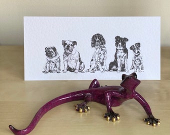 5 Dogs, Pug, English Bulldog, Springer Spaniel, Border Collie + Jack Russell Terrier, pen and ink greeting card