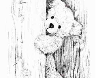 Teddy I, black and white, pen and ink greeting cards