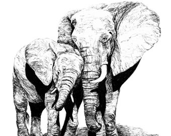 Elephant and baby elephant, black and white, pen and ink greeting cards