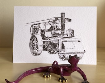 Aveling and Porter Road Roller Traction Engine, black and white, pen and ink greeting cards