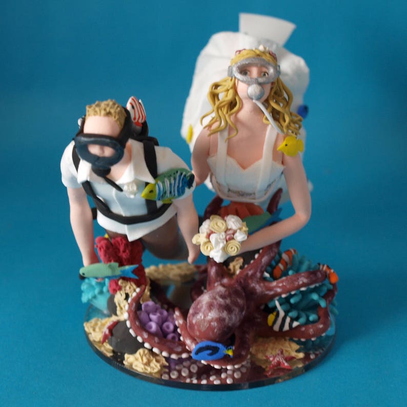 Personalised Scuba Diving Couple with Octopus or Ray Wedding Cake Topper image 3