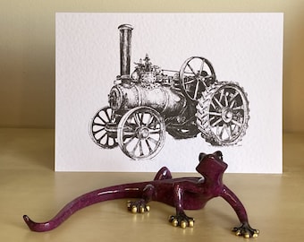 Fowler Traction Engine, black and white, pen and ink greeting cards