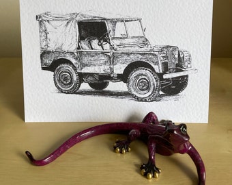 Land Rover Series 1, black and white, pen and ink greeting cards