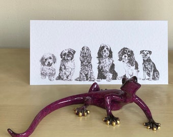 6 Dogs, Cavachon, Shih Tzu, Cocker Spaniel, Tibetan Terrier, Cavalier King Charles Spaniel and Border Terrier, pen and ink greeting card