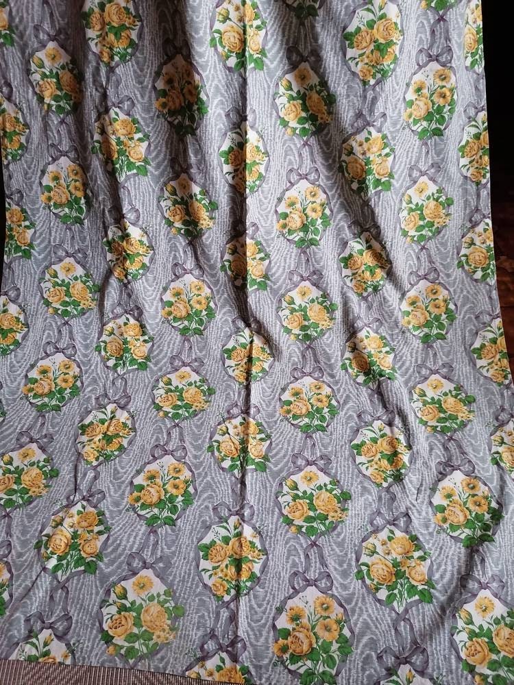 Vintage Français Panneau Rideau 1950S Gris Floral Jaune Roses Coton Shabby Chic 2M30L X 1M20W