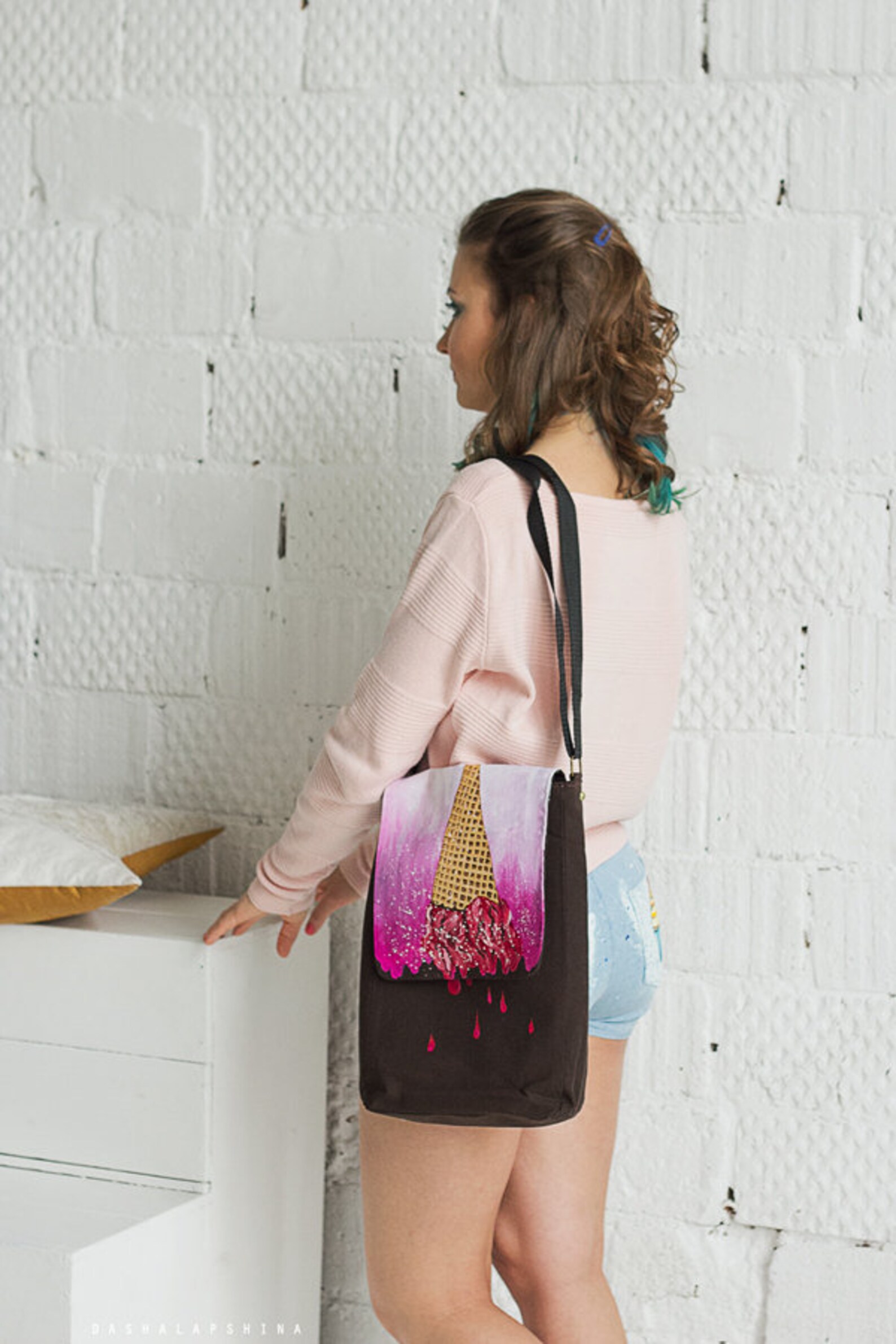 Hand painted Brown Canvas Messenger Bag with Icecream Clumsy Etsy