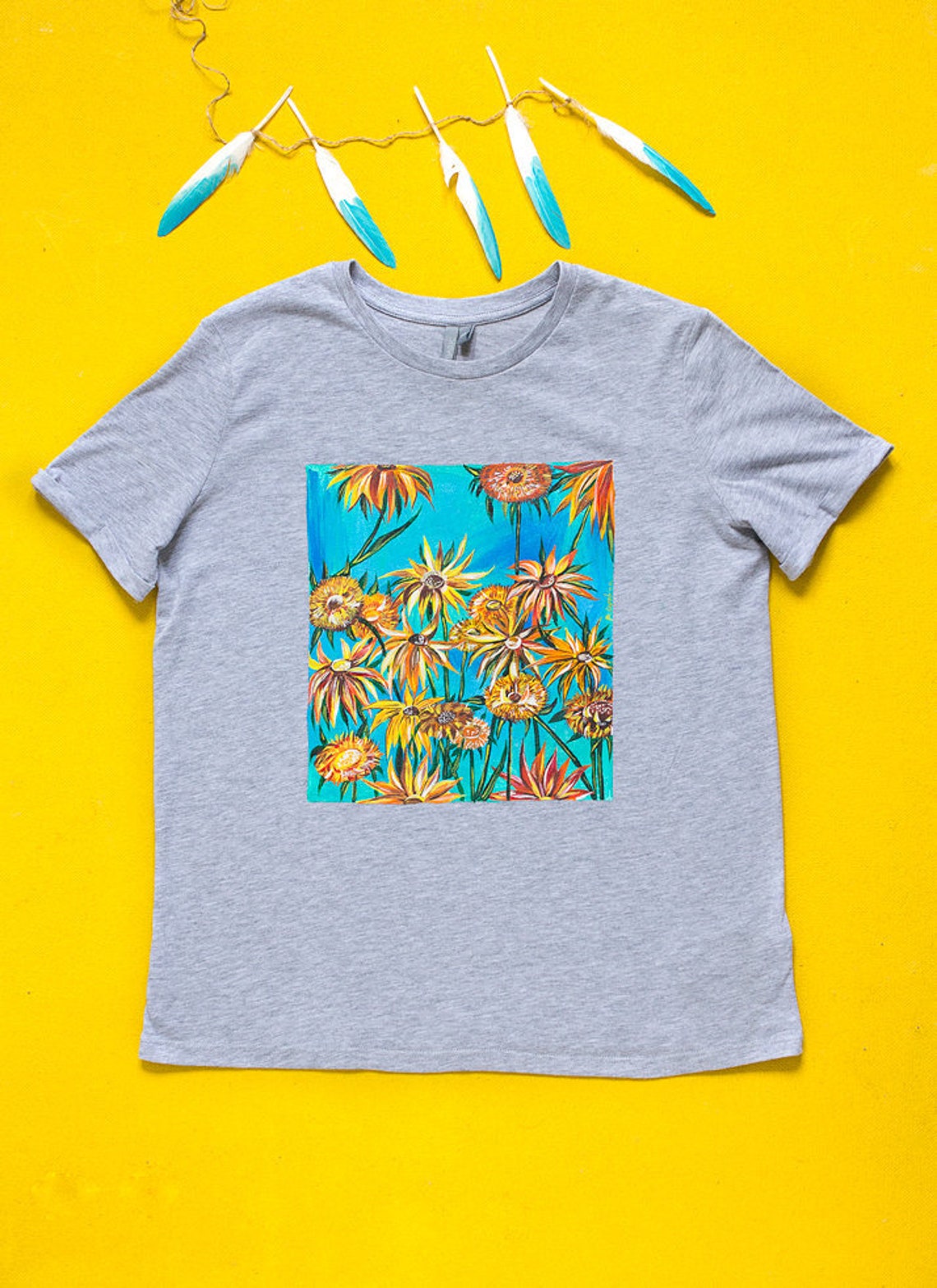 Hand painted Van Gogh's Sunflowers Tshirt Gray Women Etsy