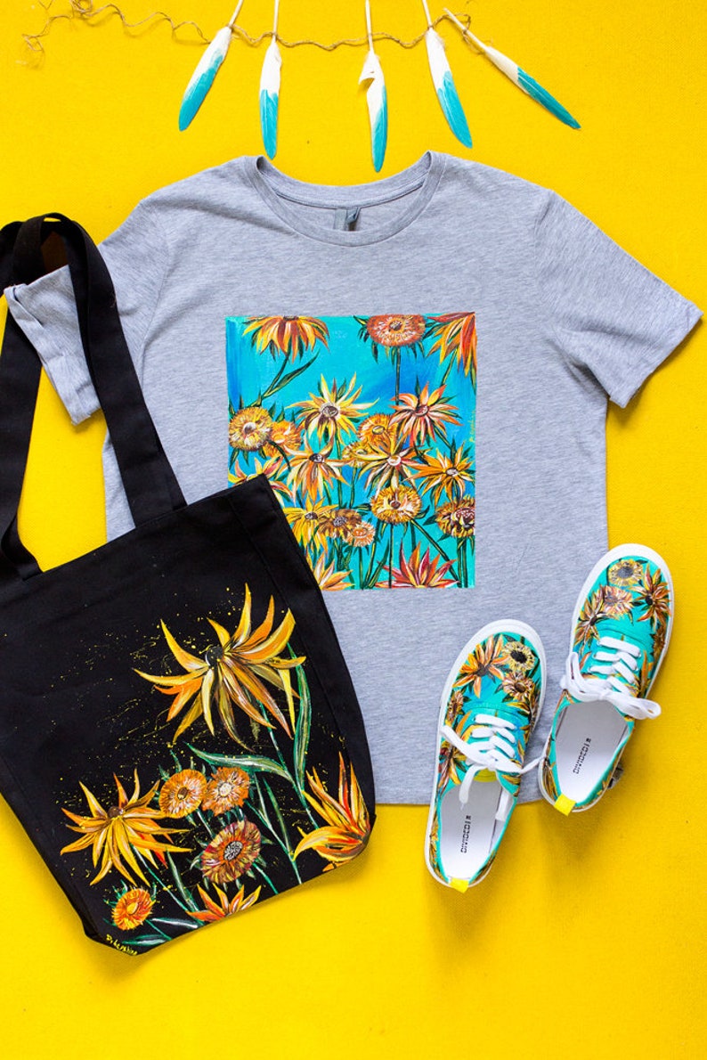 Hand painted Van Gogh's Sunflowers Tshirt Gray Women Etsy