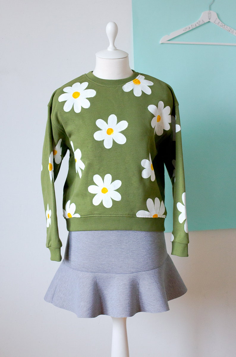 Hand painted Daisy Sweatshirt floral khaki sweatshirt. Etsy
