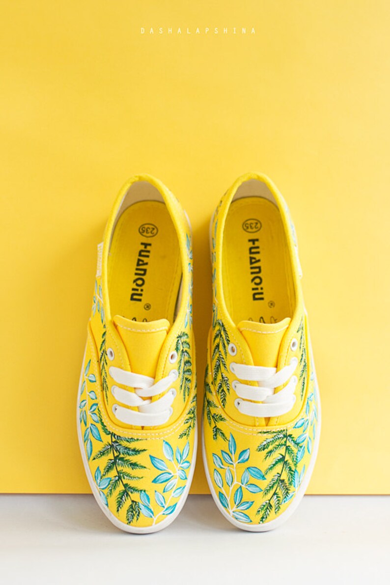 Hand painted Women Canvas Shoes yellow sneakers with floral Etsy