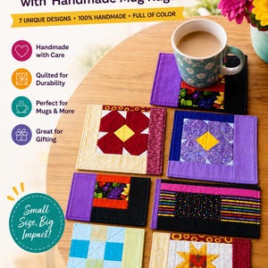Pode incluir: Uma coleção de sete bases para canecas feitas à mão com designs únicos e cores vibrantes. A imagem mostra uma caneca com um padrão floral sobre uma base roxa e preta. O texto diz "Brighten Your Day with Handmade Mug Rugs".