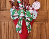 Candy Cane Christmas Holiday Upside Down Santa Hat Door Decor / Wreath / Handmade Bow / XMAS Decor / Candy / Candy Cane / Handmade Bow